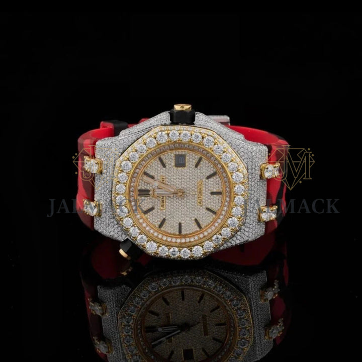 Two-Tone Half Iced Moissanite Automatic Watch Red Strap