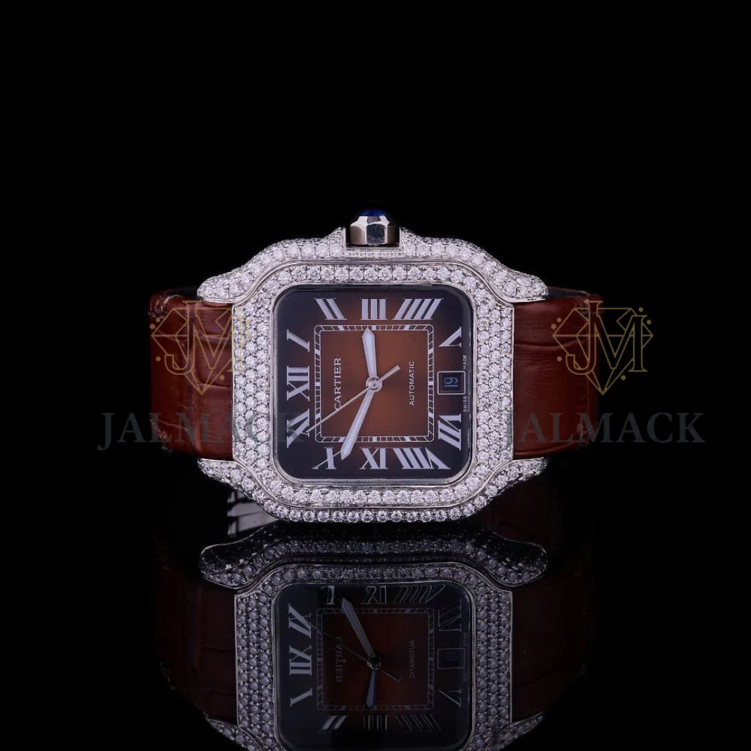 Brown Roman Dial Fully Iced Moissanite Automatic Watch