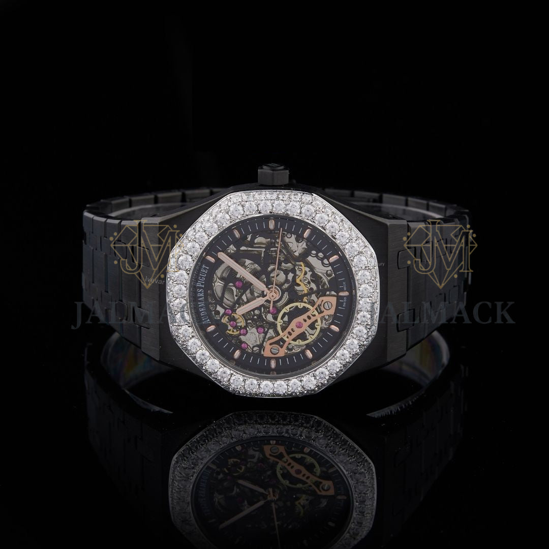 Black Skeleton Double-Row Round-Cut Moissanite Automatic Watch