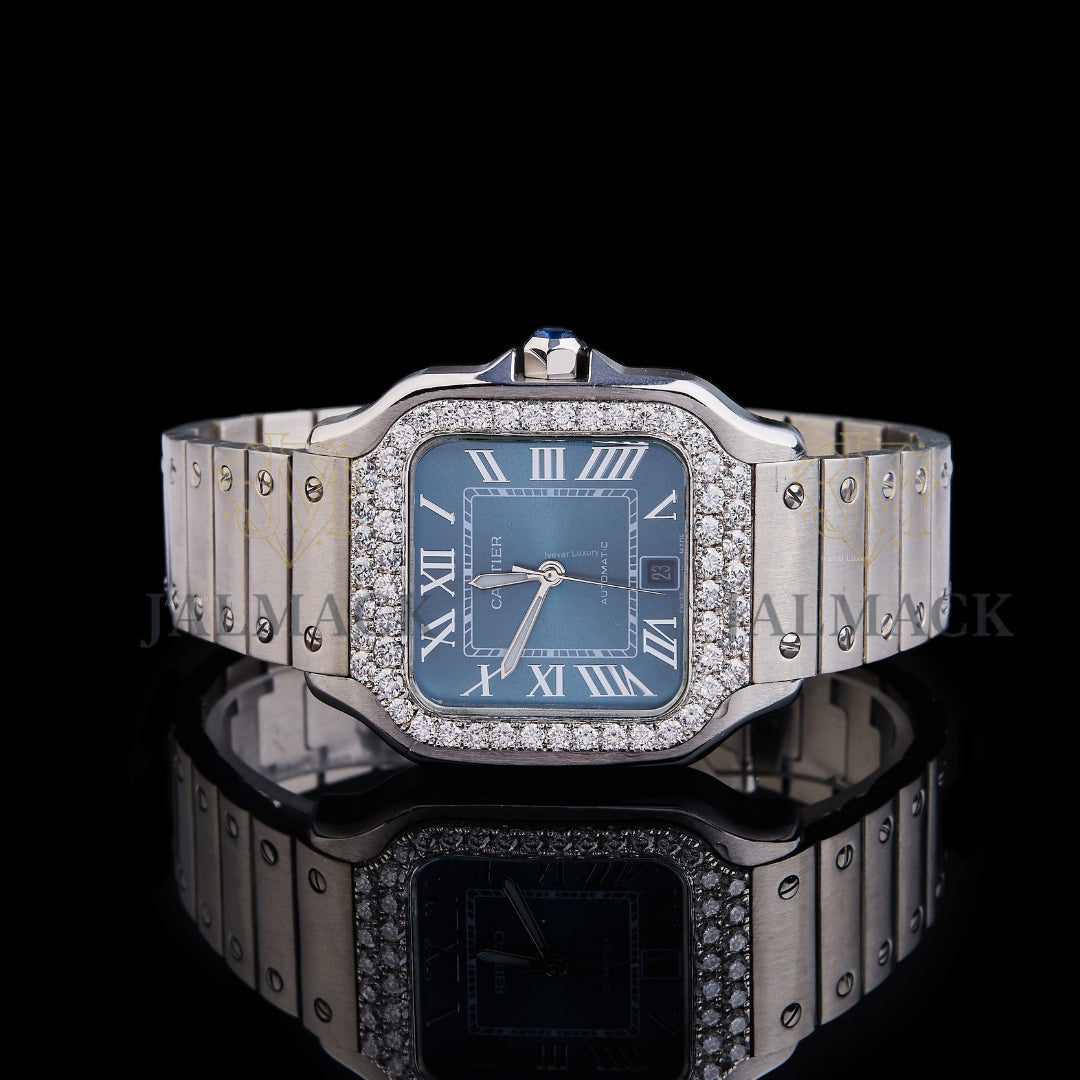 Blue Roman Dial Round-Cut Moissanite Automatic Watch
