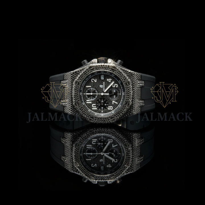 Black Half Iced Moissanite Chronograph Watch with Black Strap