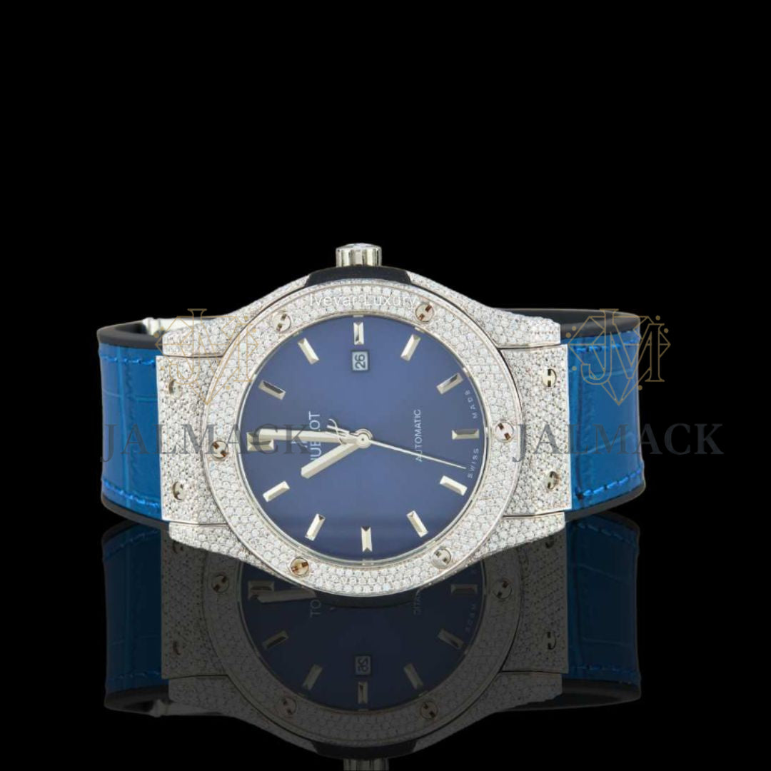 Blue Dial Fully Iced Moissanite Automatic Watch