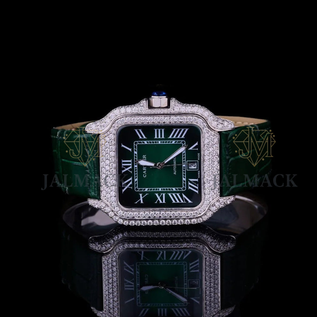 Green Roman Dial Fully Iced Moissanite Automatic Watch