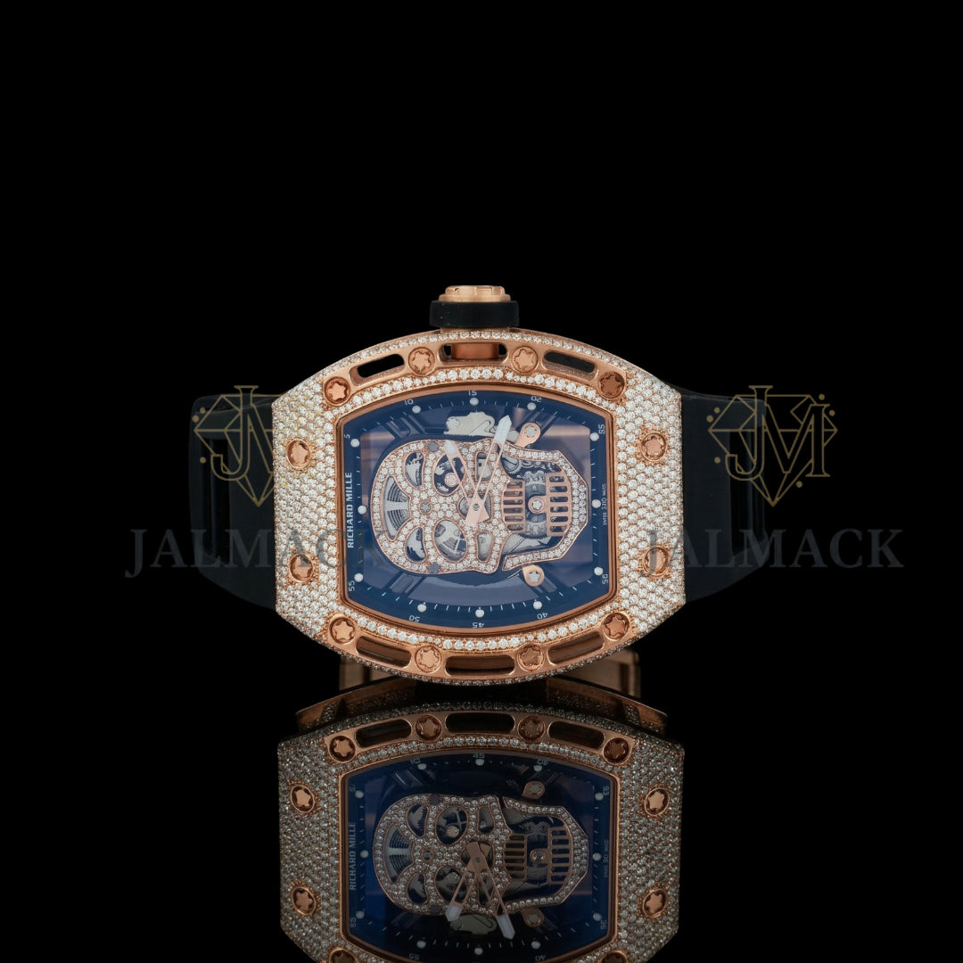 Rose Gold Skull Fully Iced Moissanite Skeleton Watch