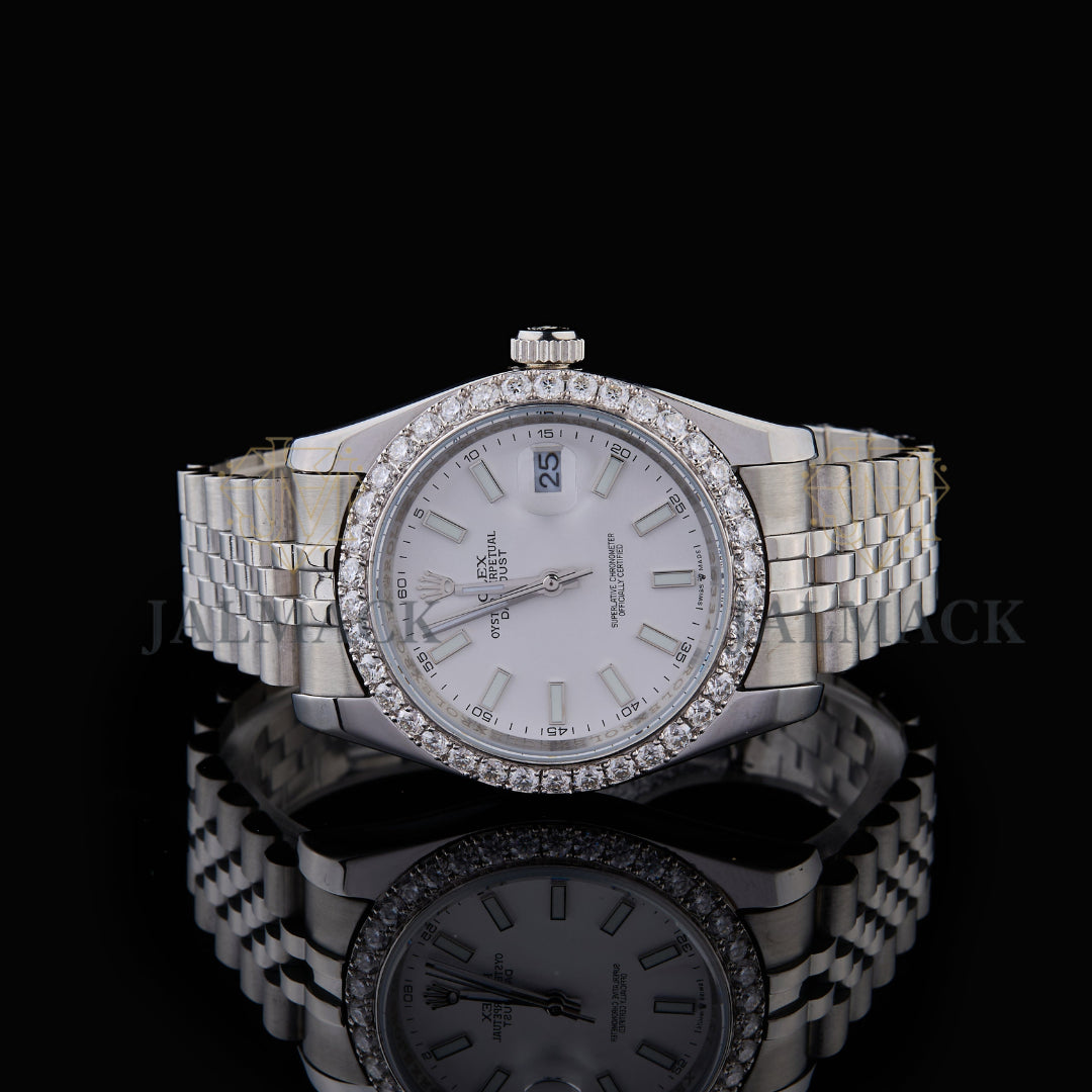 Silver White Dial Round-Cut Moissanite Automatic Watch