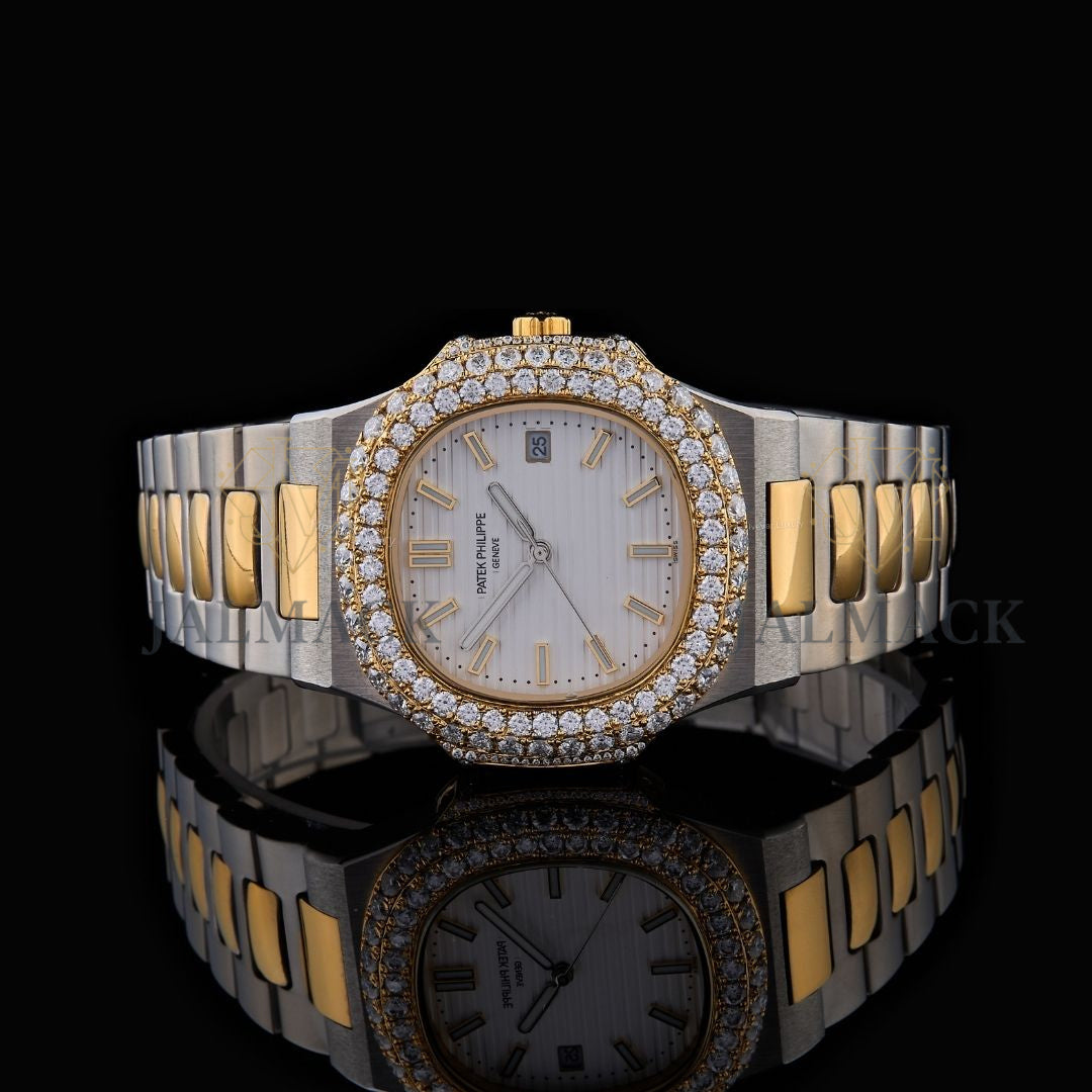 Two-Tone White Dial Double-Row Moissanite Luxury Watch