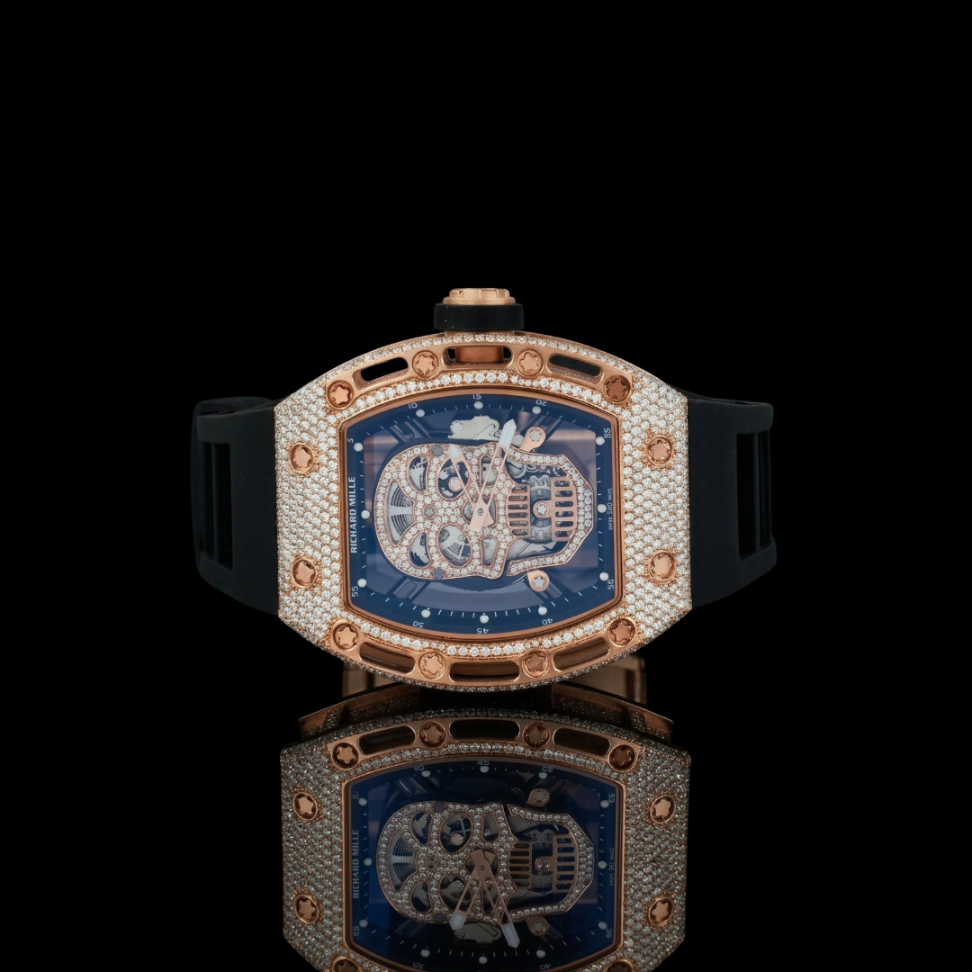 Rose Gold Skull Fully Iced Moissanite Skeleton Watch
