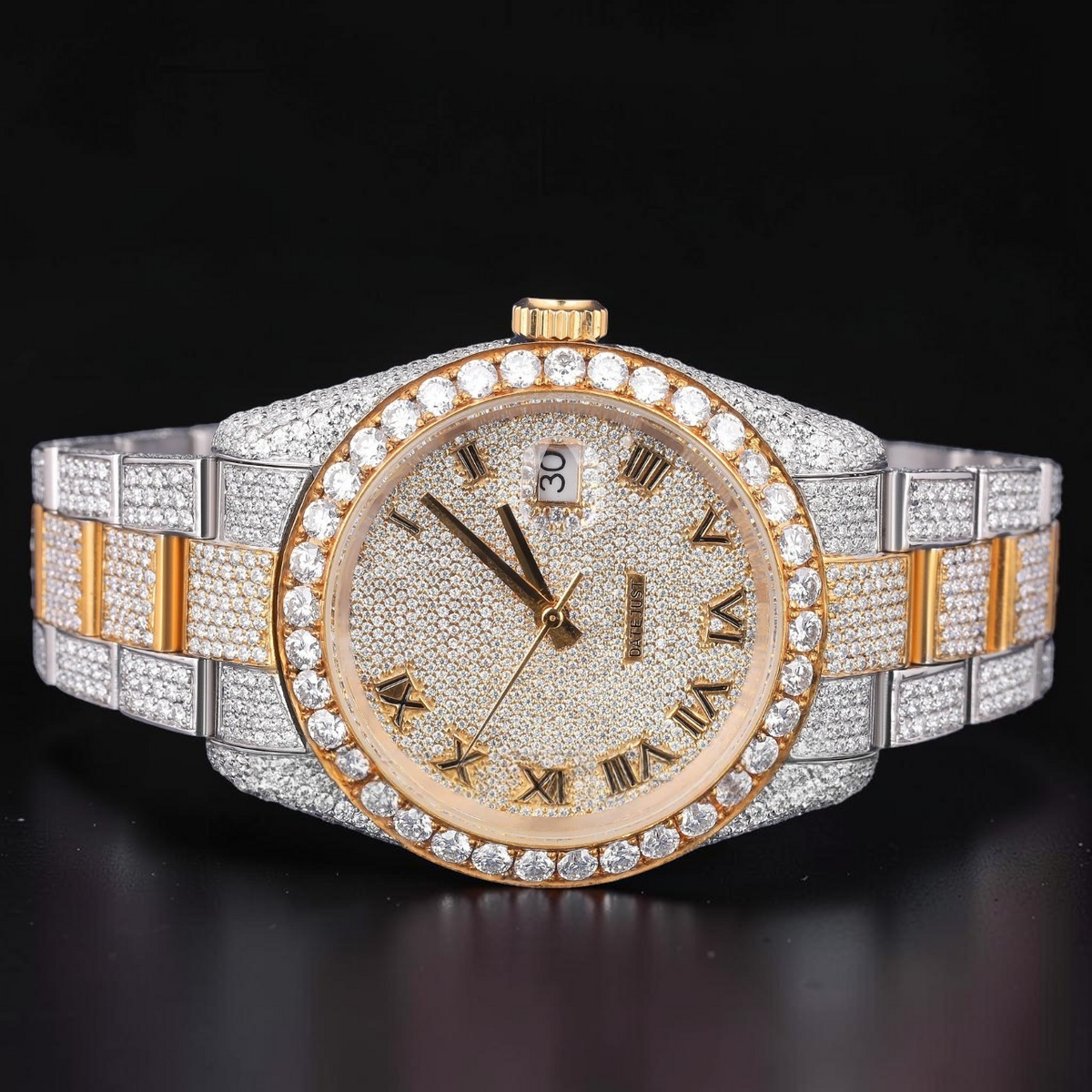 Luxury Gold Two Tone Moissanite Watch VVS1 D Color Fully Iced