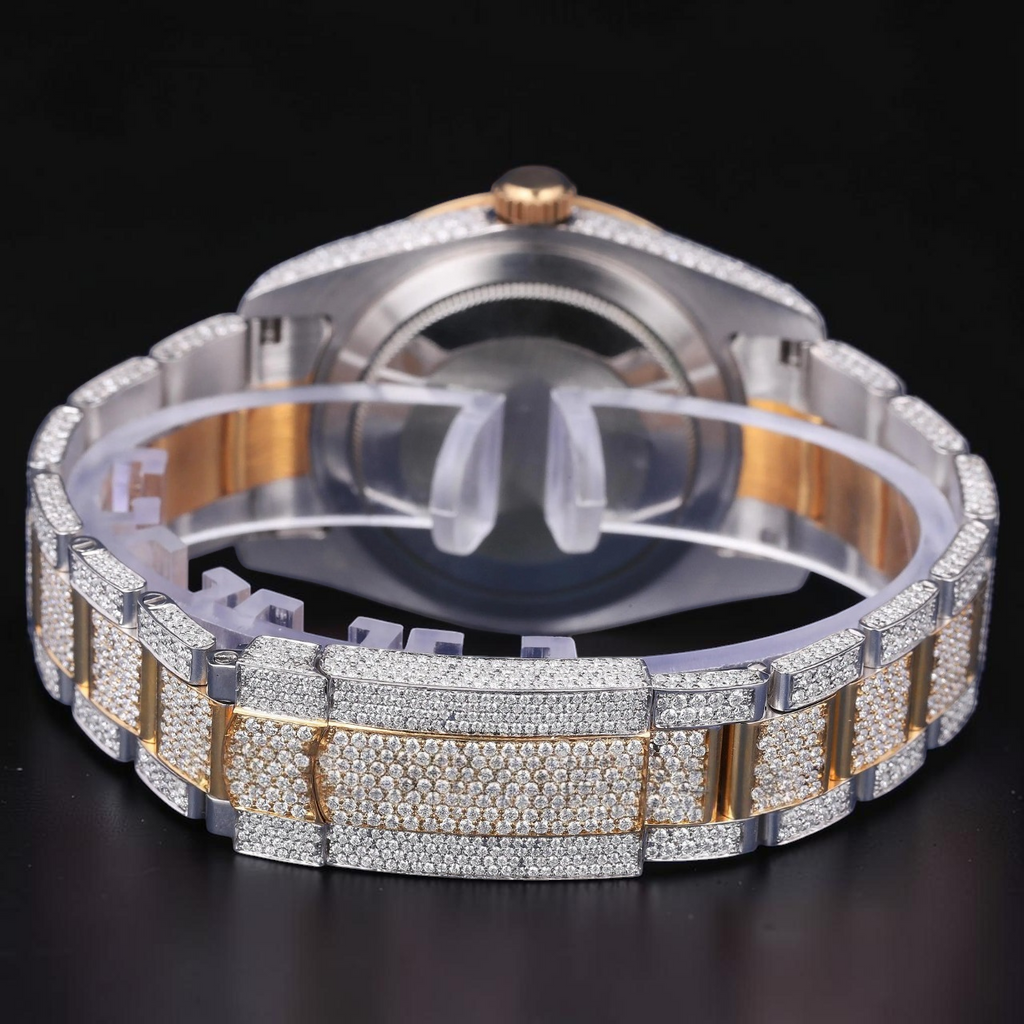 Luxury Gold Two Tone Moissanite Watch VVS1 D Color Fully Iced