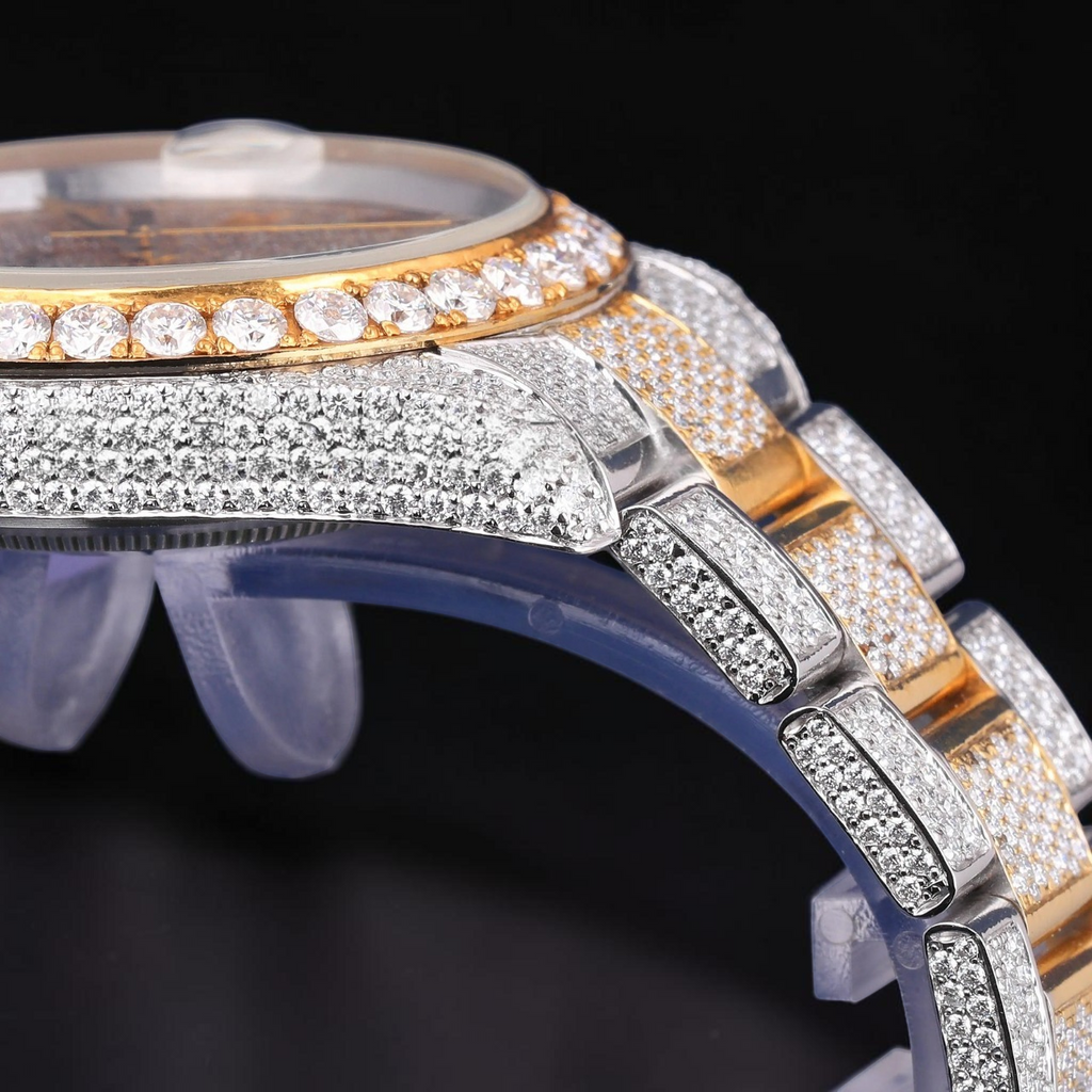 Luxury Gold Two Tone Moissanite Watch VVS1 D Color Fully Iced