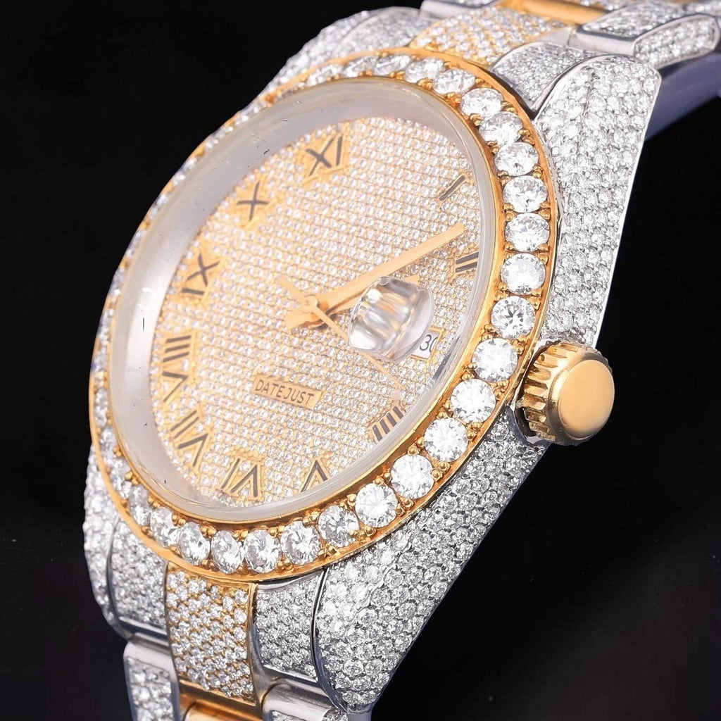 Luxury Gold Two Tone Moissanite Watch VVS1 D Color Fully Iced