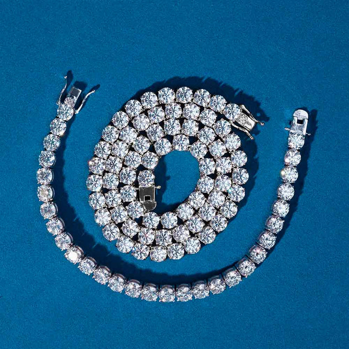 6MM Round Cut Moissanite Tennis Chain & Bracelet Set VVS1 D Color Iced Out Hip Hop Jewelry