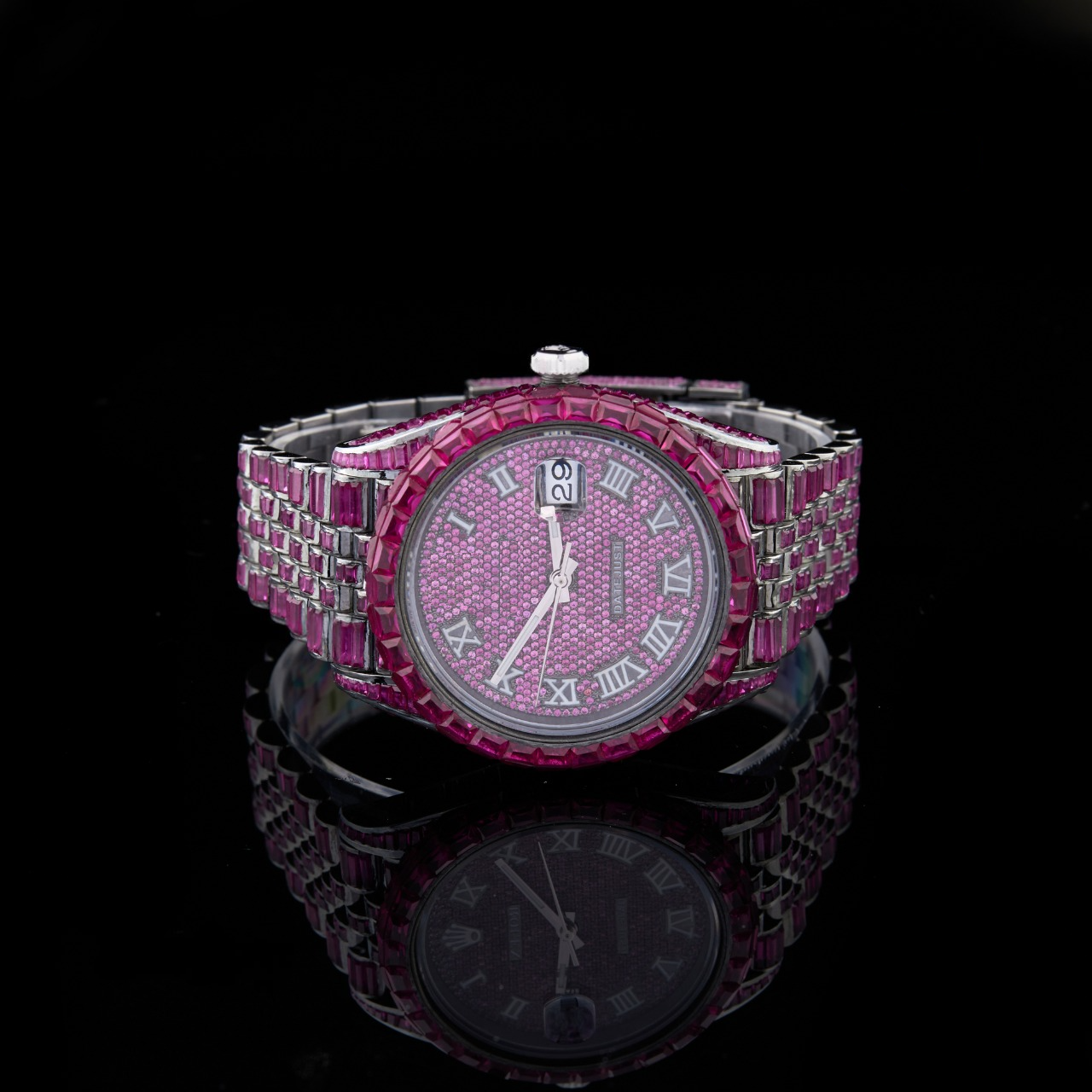 Pink Dial Roman Letter Baguette & Round Moissanite Watch