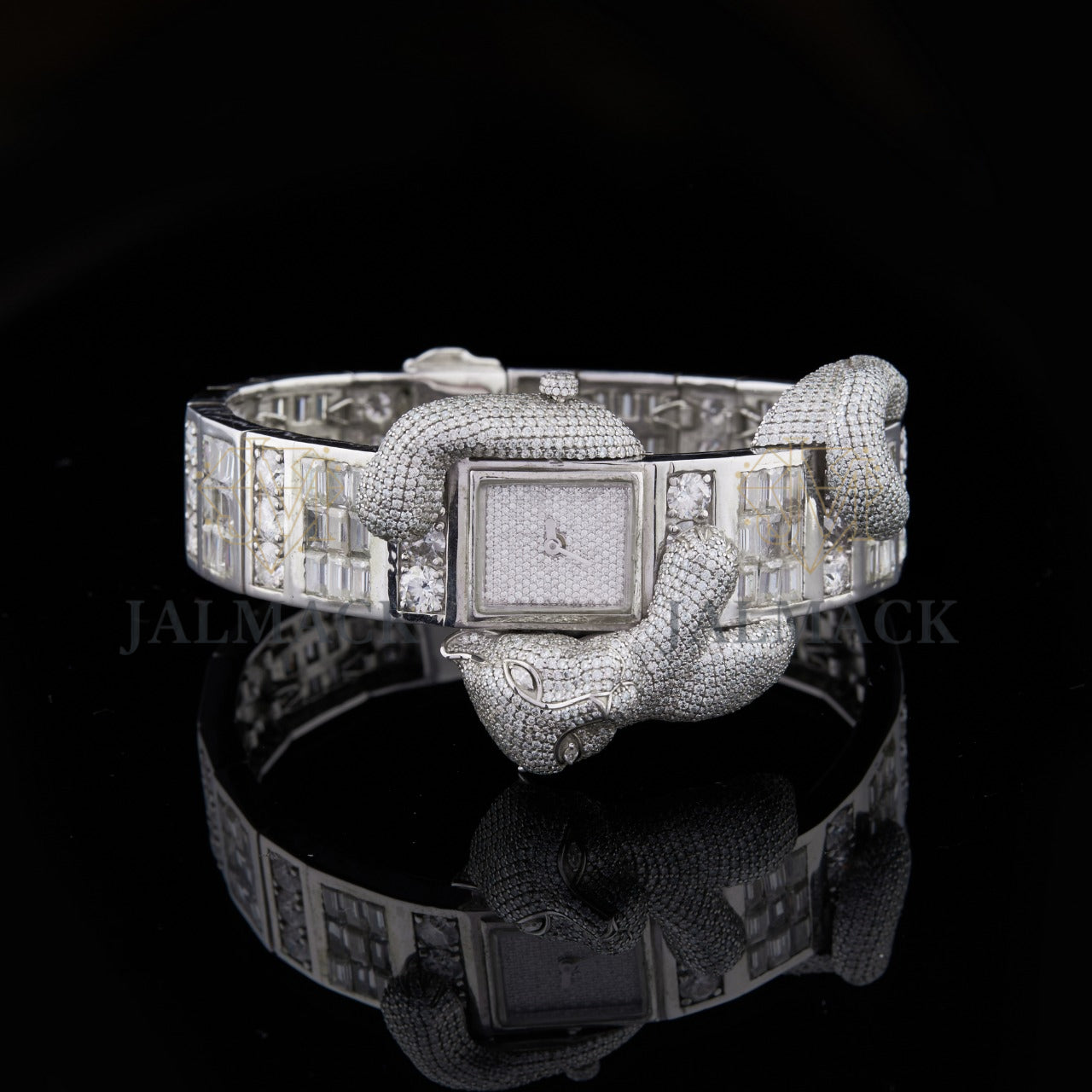 Silver Markerless Dial Mixed-Cut Elephant Moissanite Watch