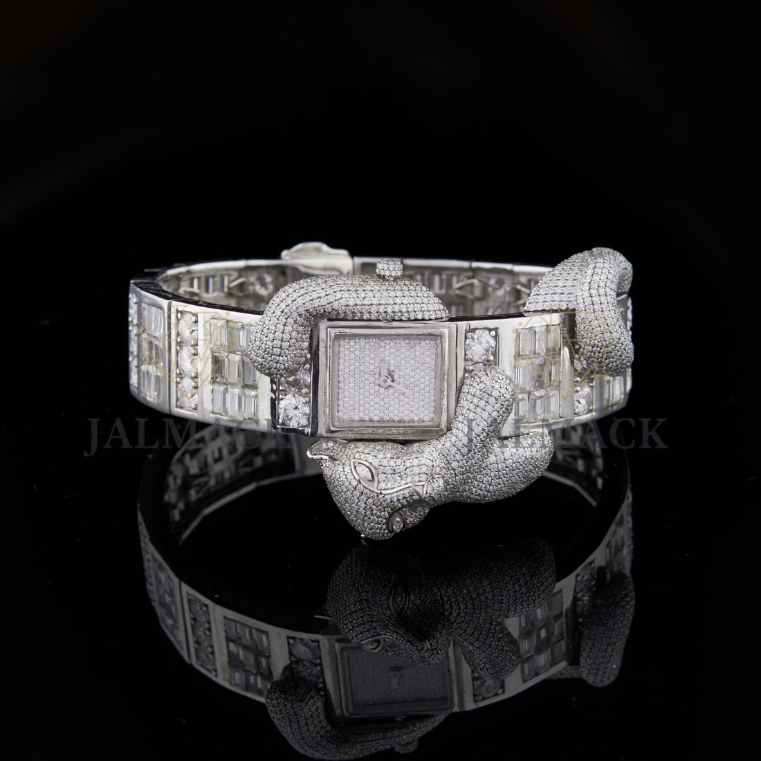 Silver Markerless Dial Mixed-Cut Elephant Moissanite Watch
