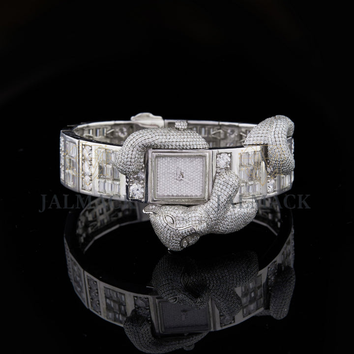 Silver Markerless Dial Mixed-Cut Elephant Moissanite Watch