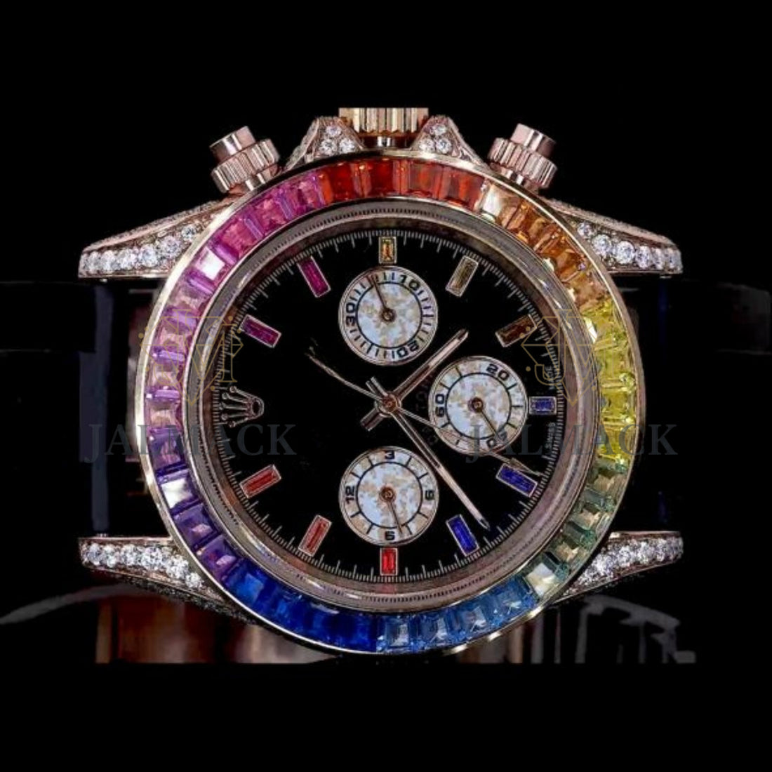 Black Dial Baton Marker Rainbow Baguette Moissanite Chronograph Watch