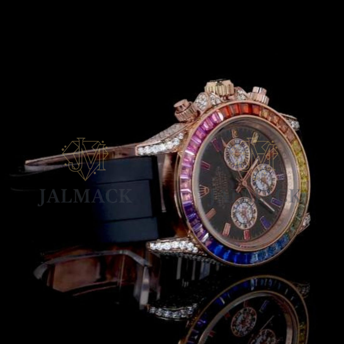 Black Dial Baton Marker Rainbow Baguette Moissanite Chronograph Watch