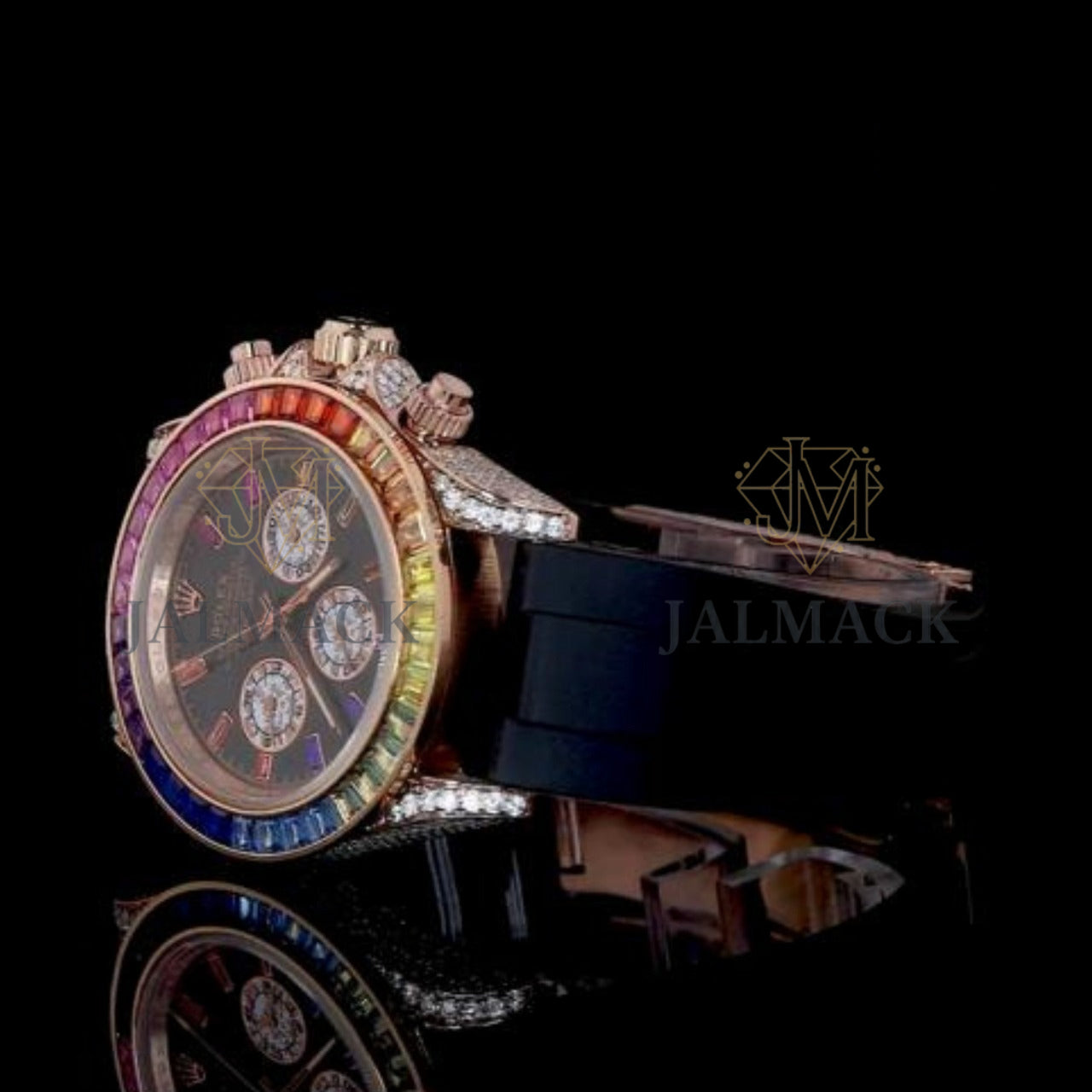 Black Dial Baton Marker Rainbow Baguette Moissanite Chronograph Watch