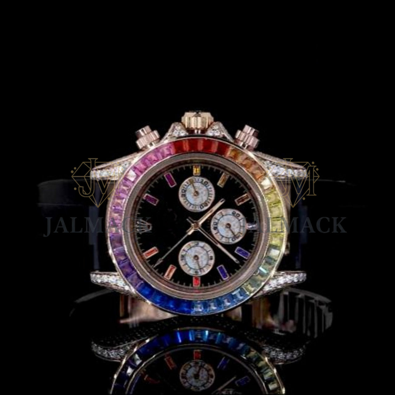 Black Dial Baton Marker Rainbow Baguette Moissanite Chronograph Watch