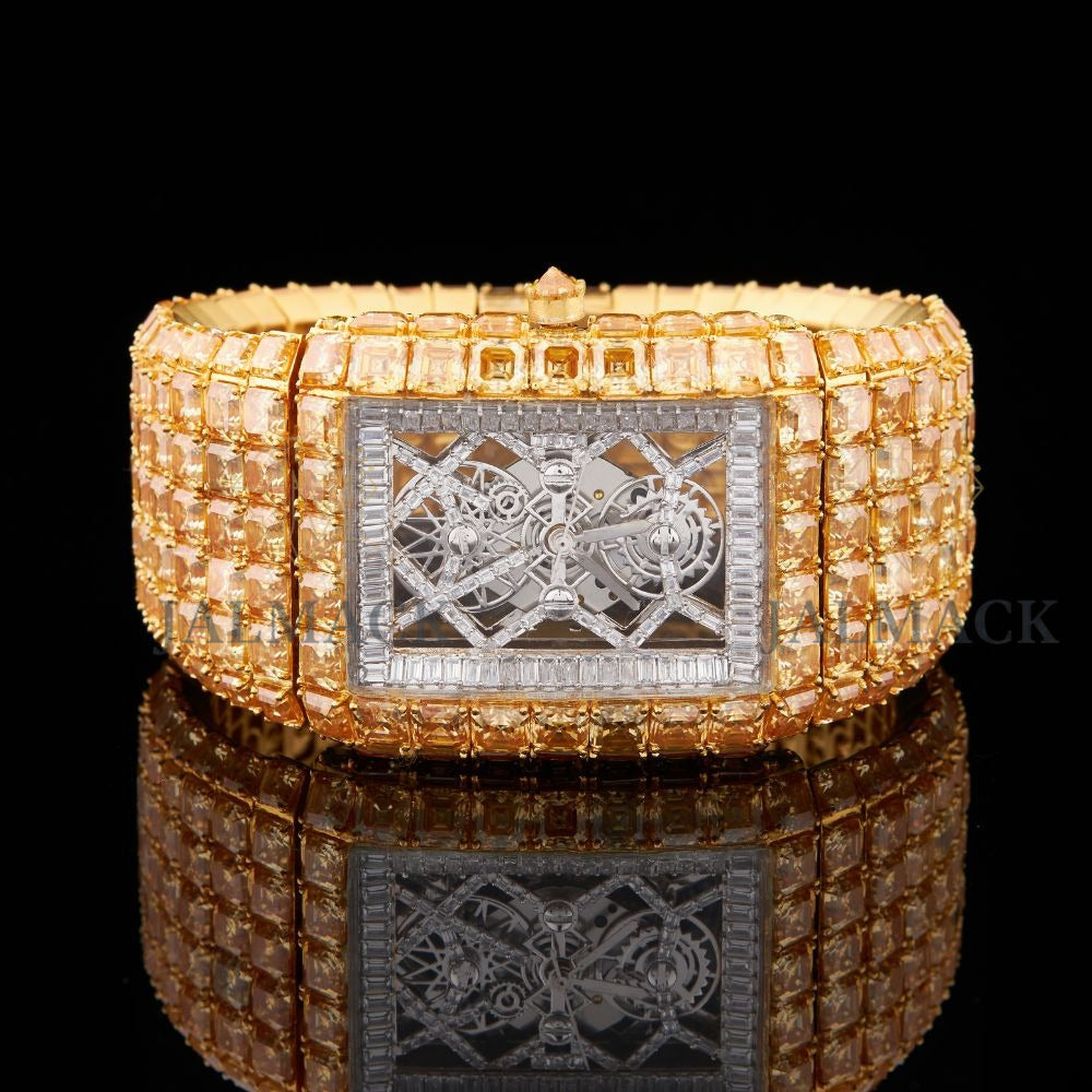 Silver Skeleton Dial Markerless Asscher & Baguette Moissanite Watch