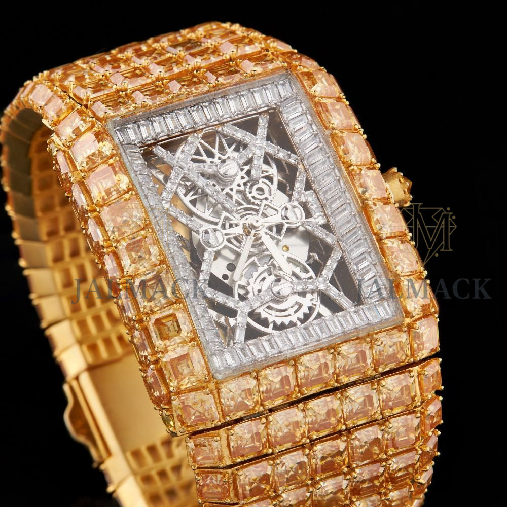 Silver Skeleton Dial Markerless Asscher & Baguette Moissanite Watch