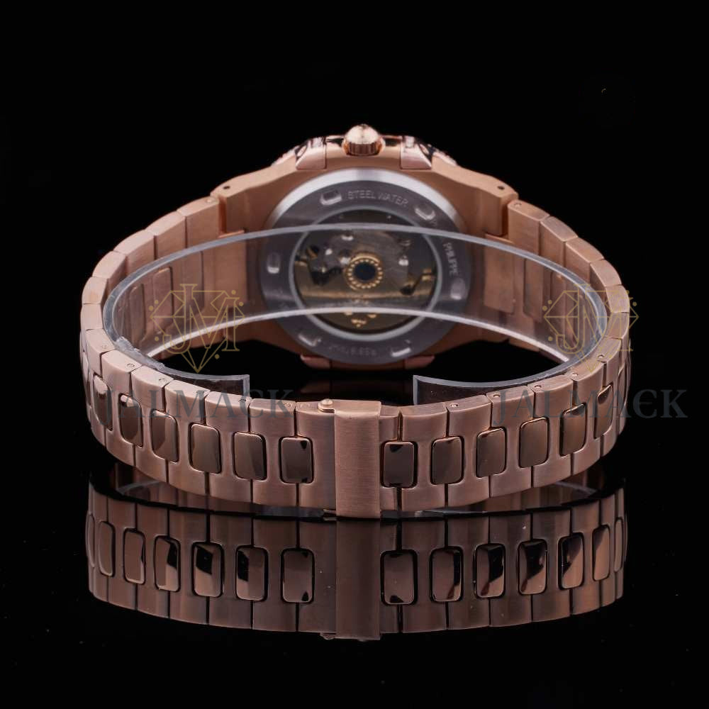 Rose Gold Black Dial Baton-Marker Round-Cut Moissanite Watch