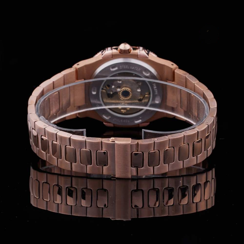 Rose Gold Black Dial Baton-Marker Round-Cut Moissanite Watch