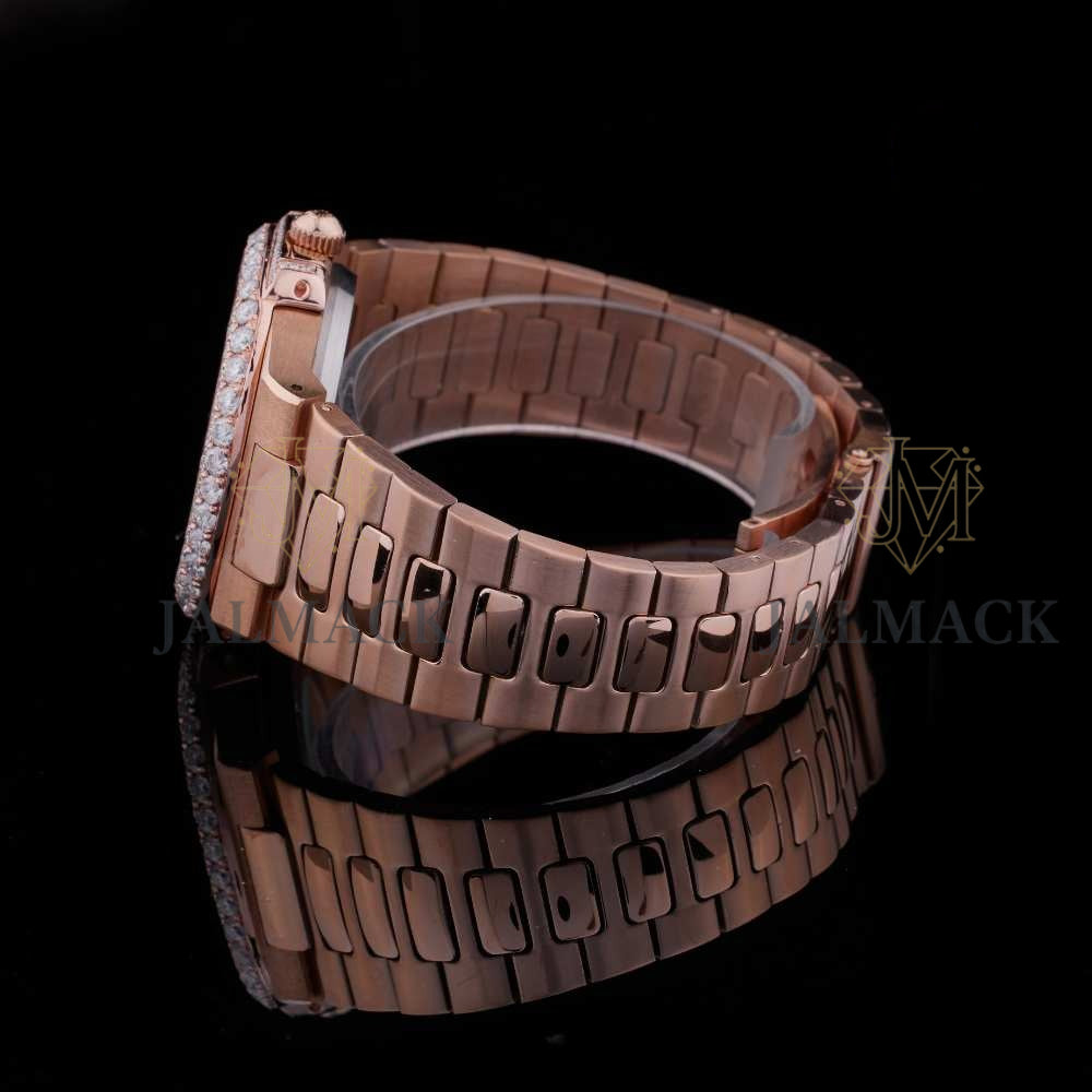 Rose Gold Black Dial Baton-Marker Round-Cut Moissanite Watch