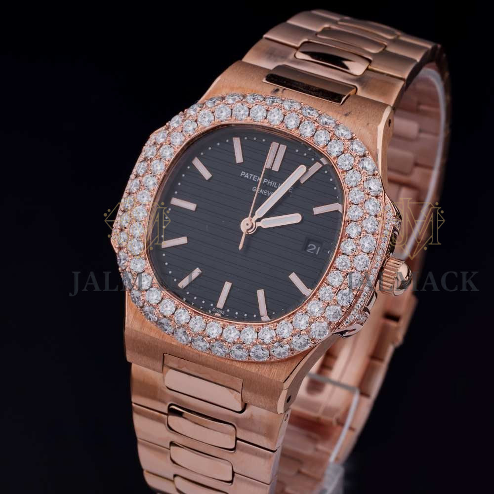 Rose Gold Black Dial Baton-Marker Round-Cut Moissanite Watch