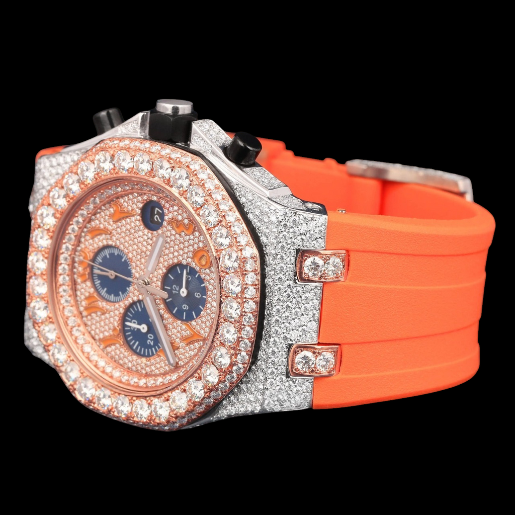 Luxury Orange Chronograph Moissanite Watch VVS1 D Color