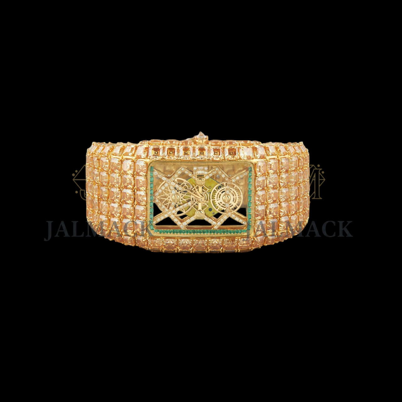 Gold Skeleton Dial Markerless Square-Cut Moissanite Watch