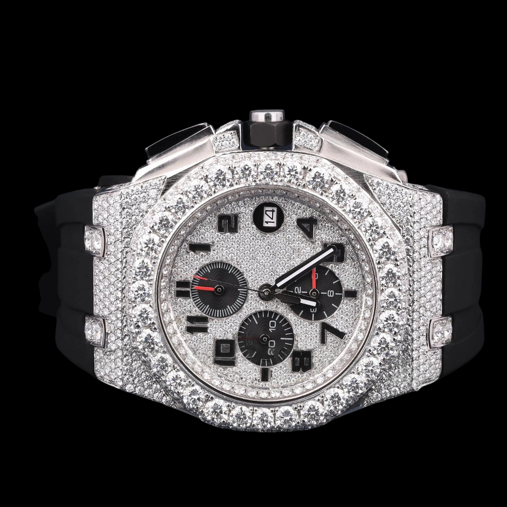 Silver Moissanite Watch VVS1 D Color Black Rubber Strap Watch