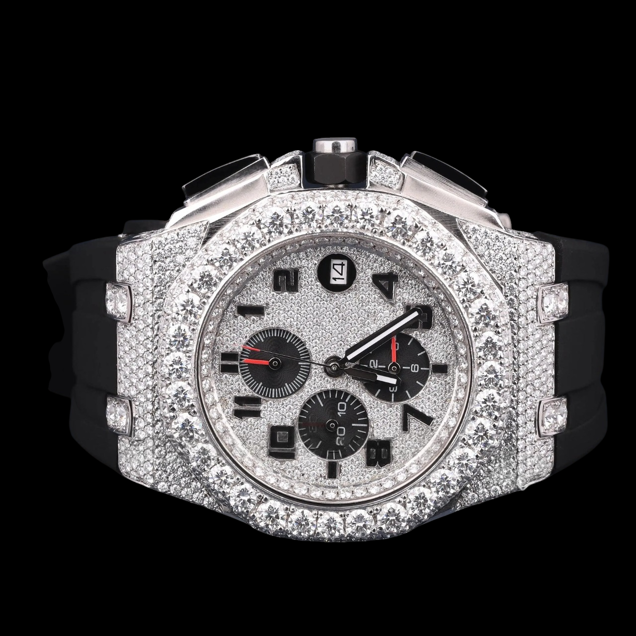 Silver Moissanite Watch VVS1 D Color Black Rubber Strap Watch