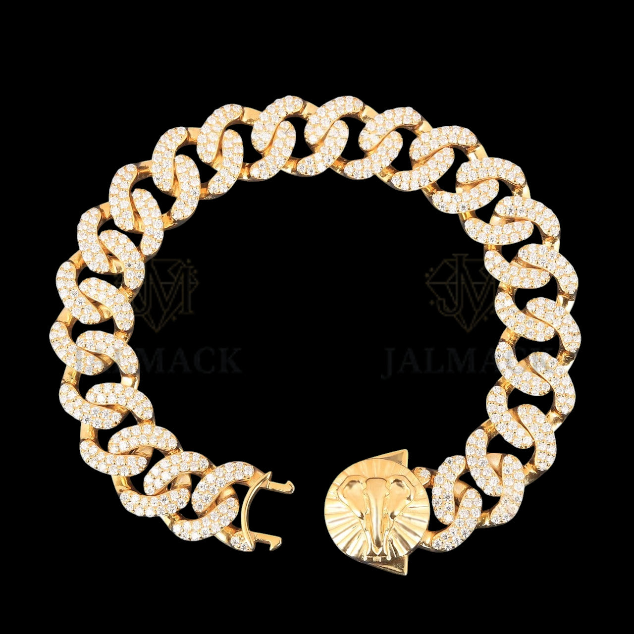 Yellow Gold Elephant Clasp Moissanite Cuban Bracelet Fully Iced Out