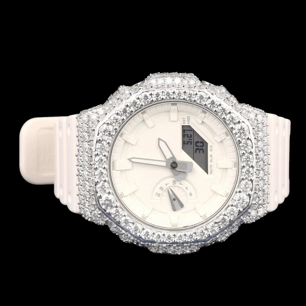 Royal White Dial & Strap Iced G-Shock Moissanite Watch