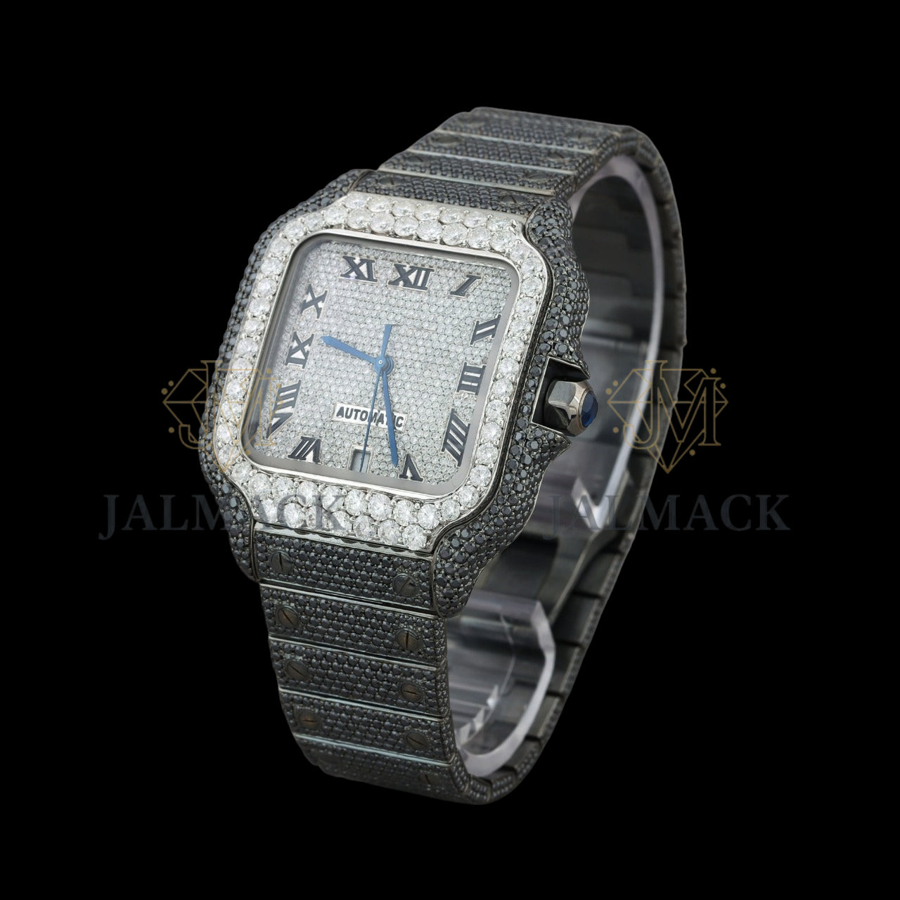 Silver Dial Roman Letter Round-Cut Black Moissanite Watch
