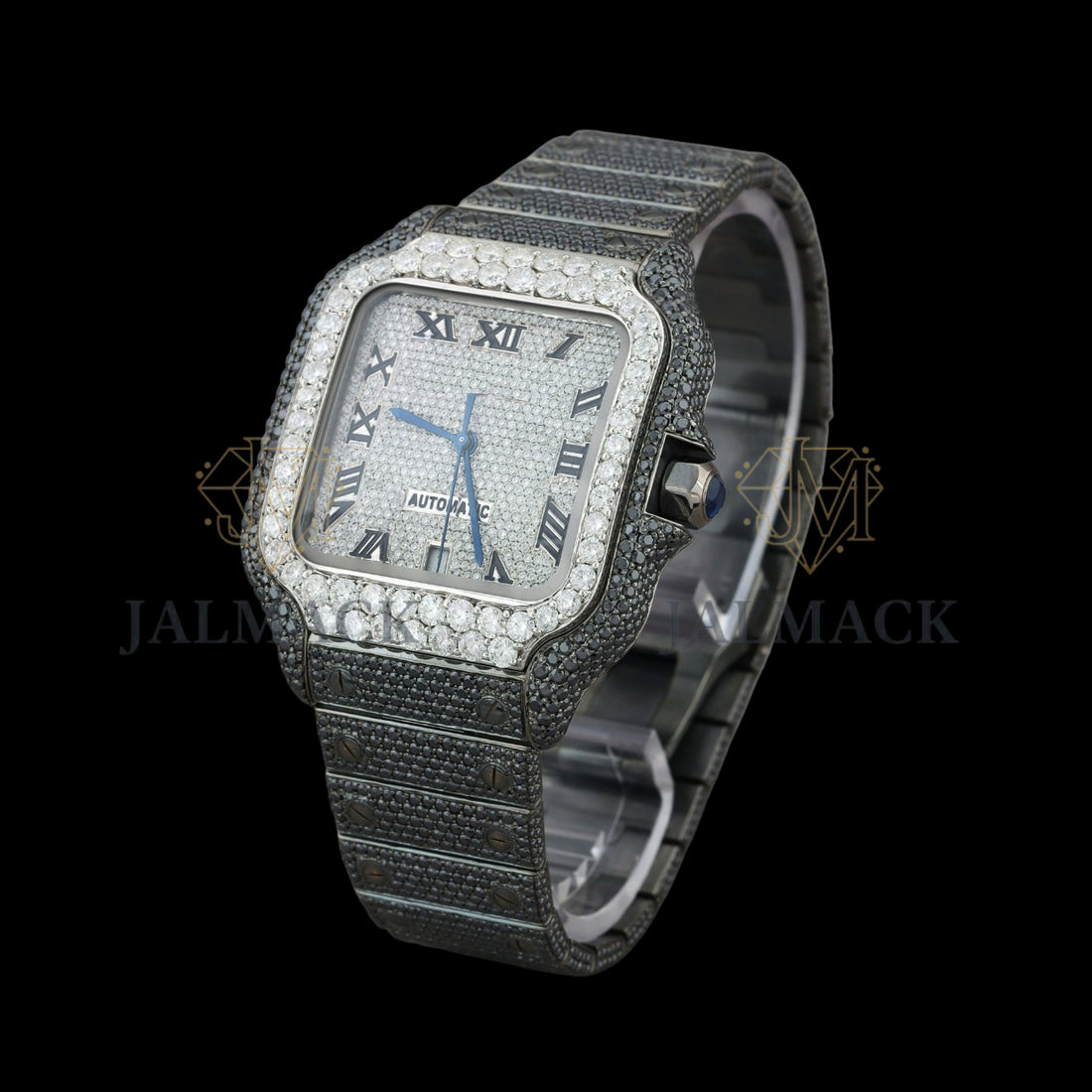 Silver Dial Roman Letter Round-Cut Black Moissanite Watch