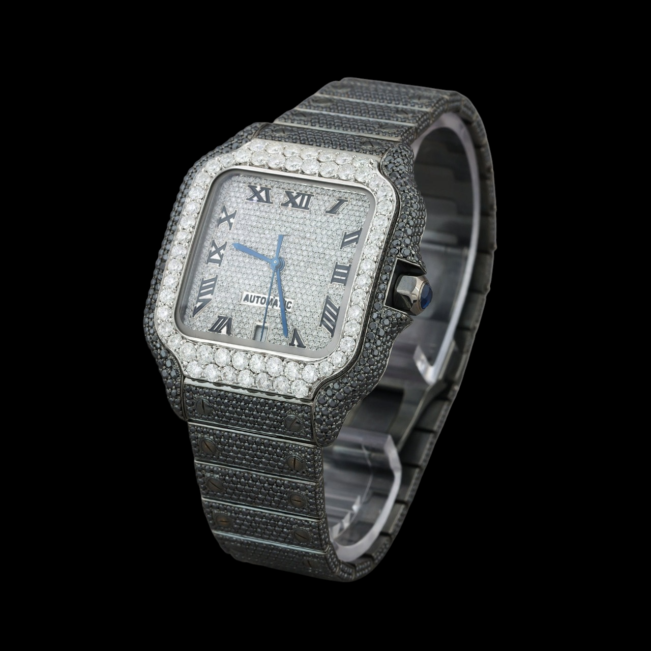 Silver Dial Roman Letter Round-Cut Black Moissanite Watch