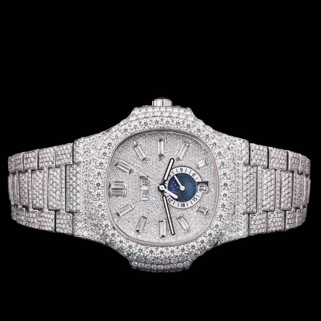 Luxury Silver Baguette Moissanite Automatic Watch VVS1 D Color Fully Iced Out