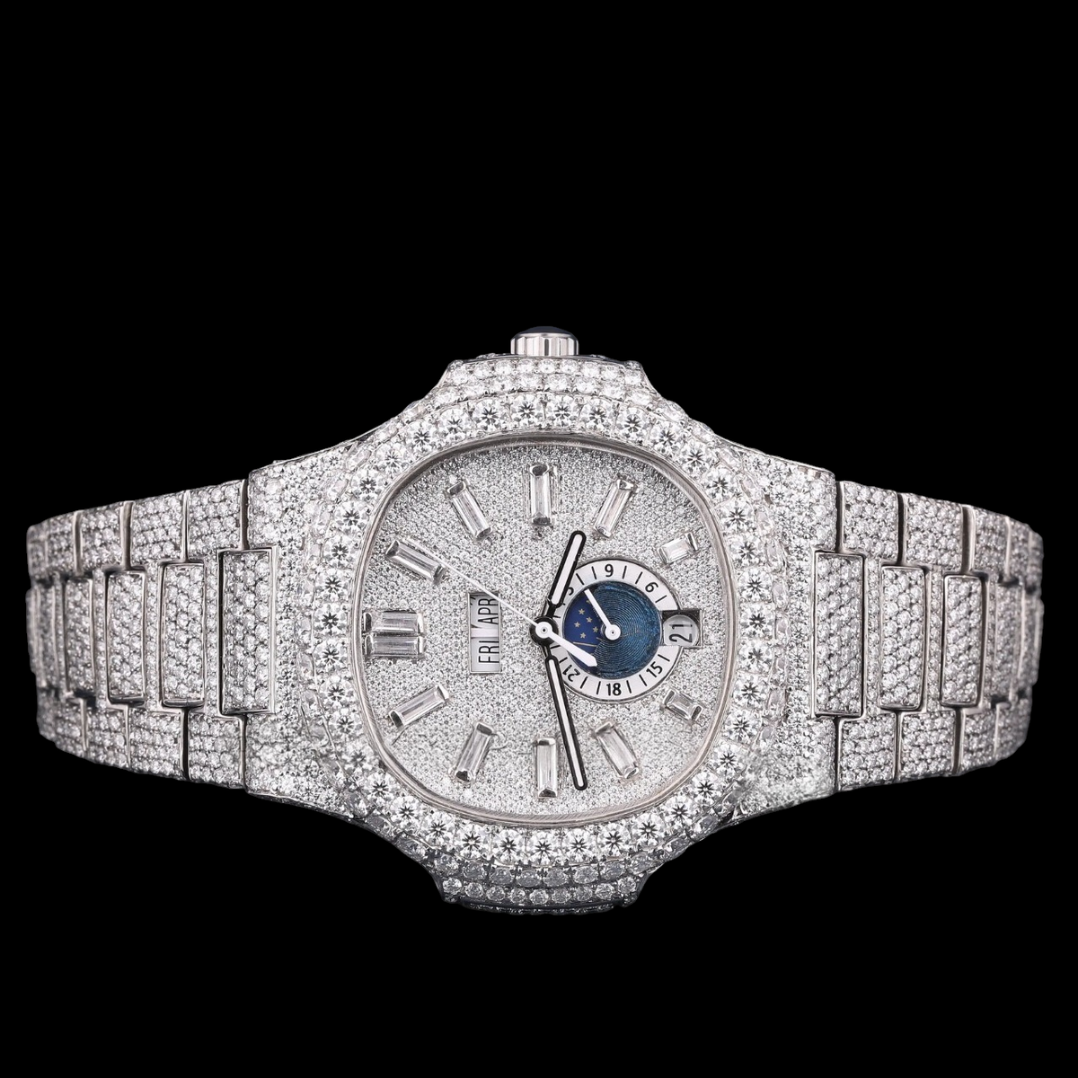 Luxury Silver Baguette Moissanite Automatic Watch VVS1 D Color Fully Iced Out