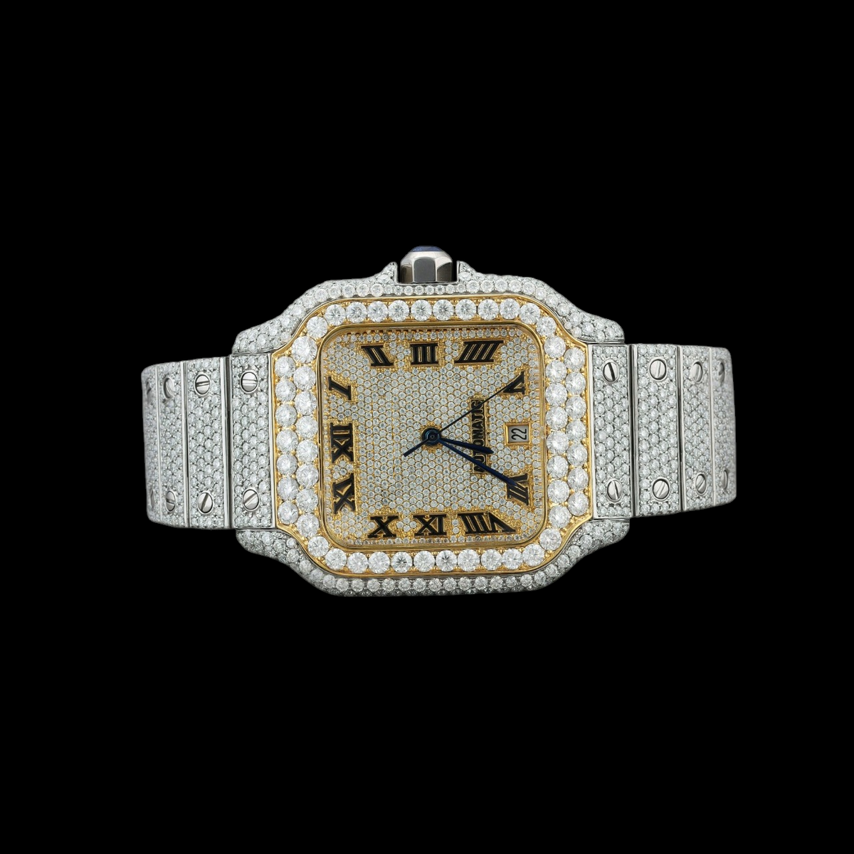 Gold Dial Roman Letter Round-Cut Moissanite Watch