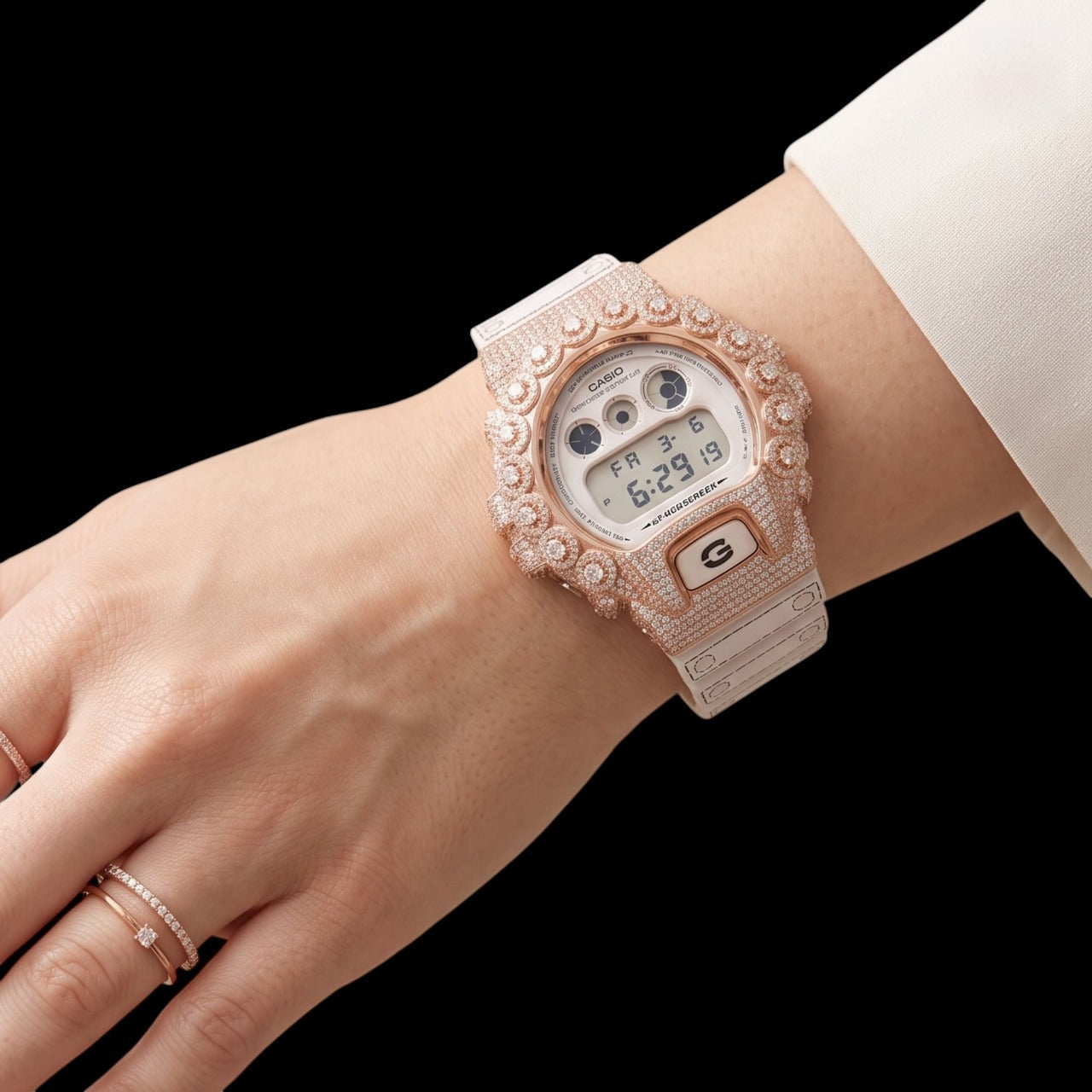 Rose Gold LCD Digital Letter Round-Cut Moissanite Watch