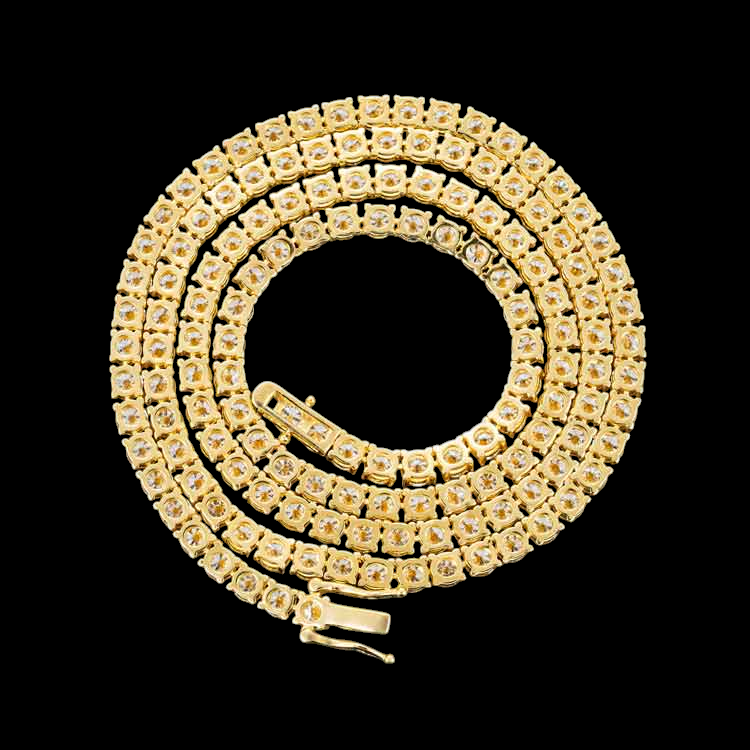 4MM Round Cut VVS Moissanite Tennis Chain Yellow Gold Plated 925 Sterling Silver