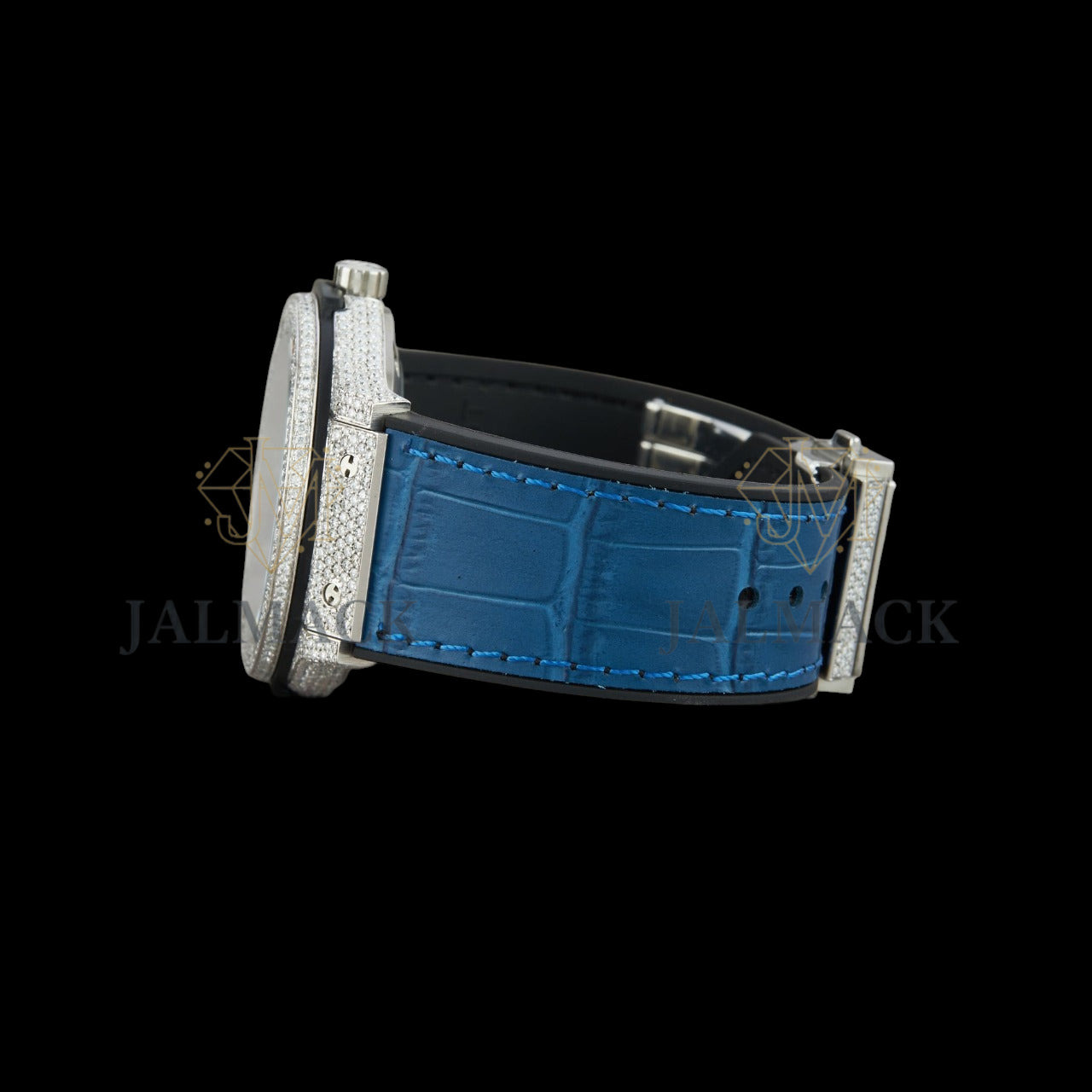 Blue Dial Baton Marker Round-Cut Moissanite Watch