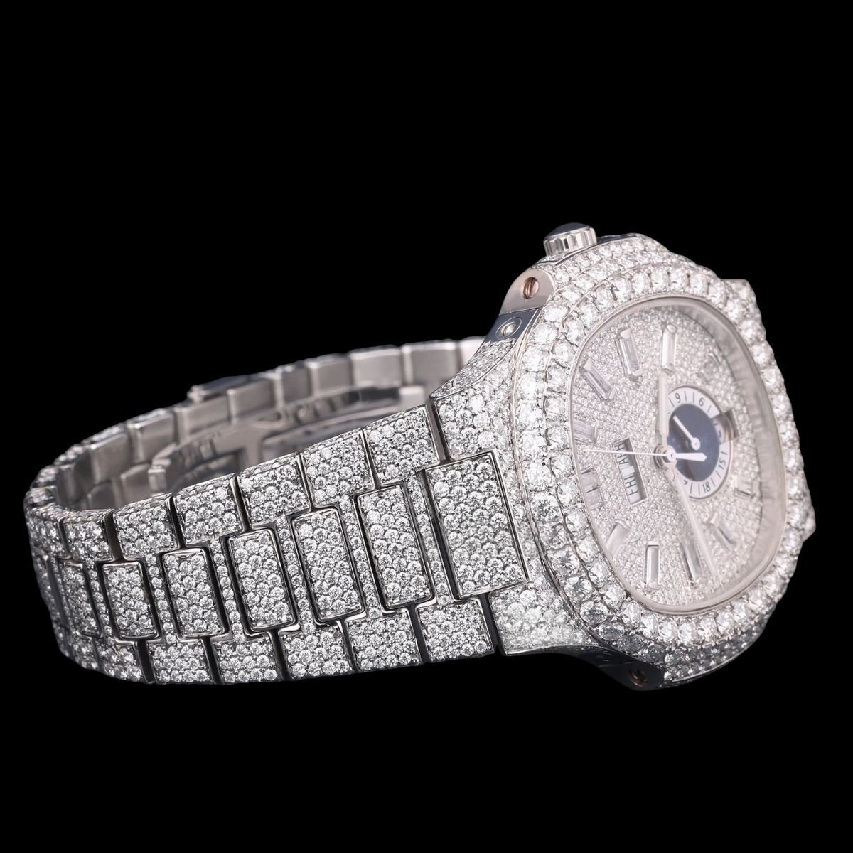 Luxury Silver Baguette Moissanite Automatic Watch VVS1 D Color Fully Iced Out