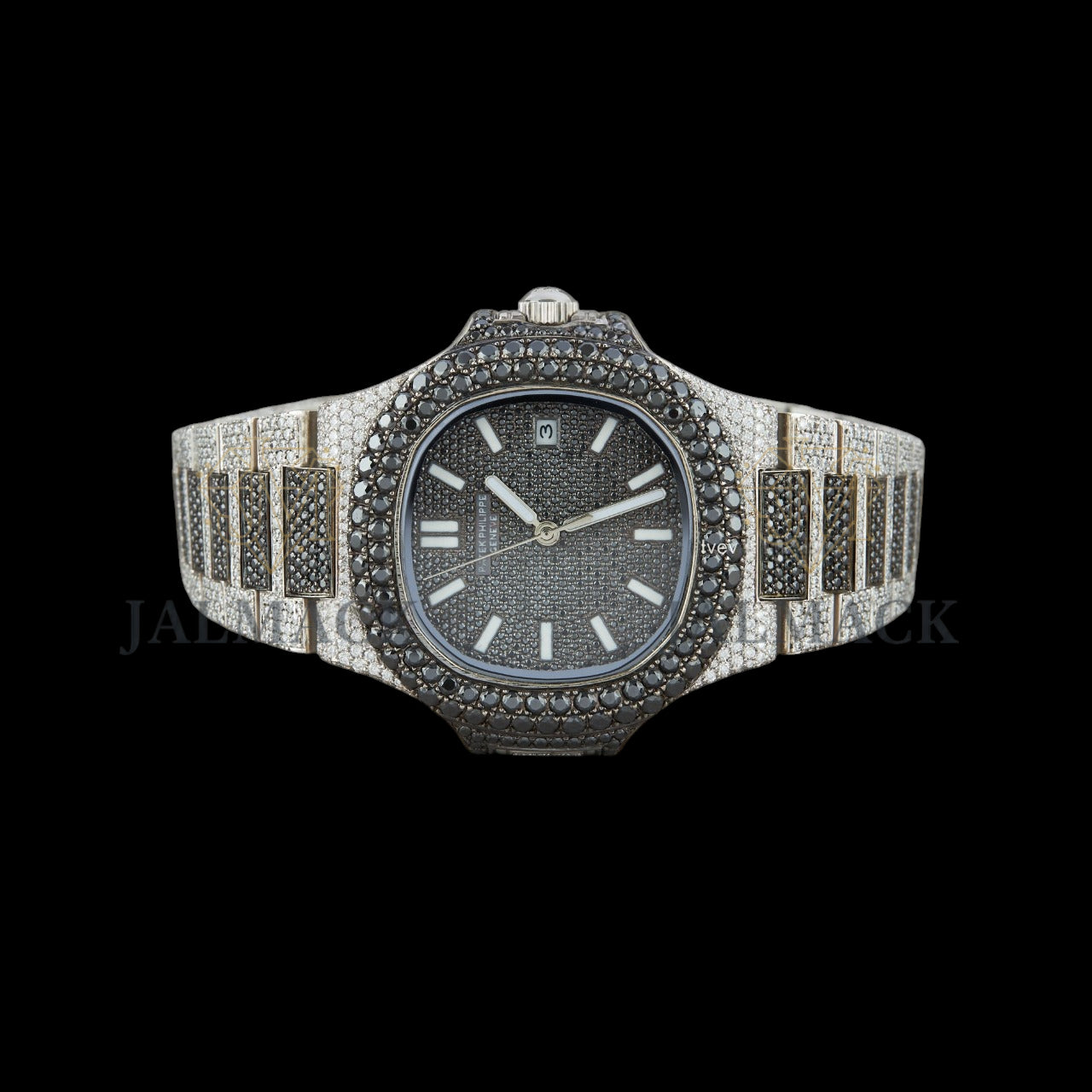 Black Dial Baton Marker Round-Cut Moissanite Watch