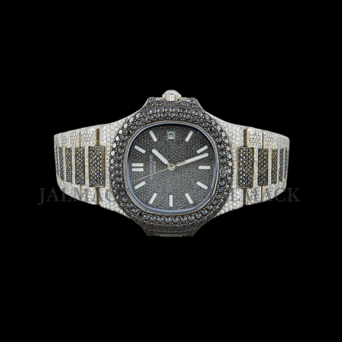 Black Dial Baton Marker Round-Cut Moissanite Watch