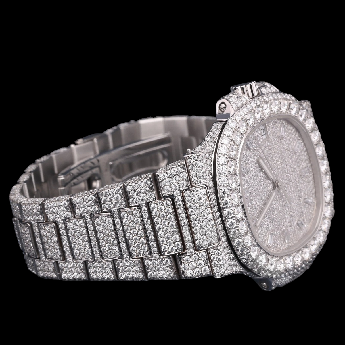 Luxury Silver Baguette Moissanite Automatic Date Watch