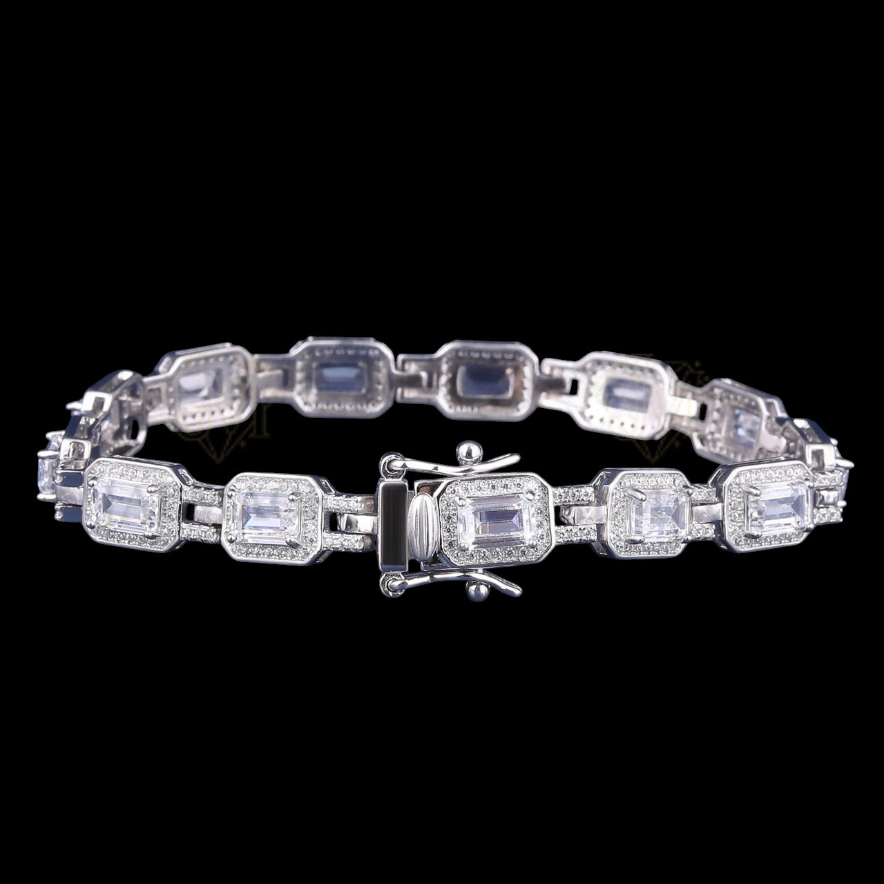 Emerald Cut Moissanite Halo Link Bracelet VVS1 D Color